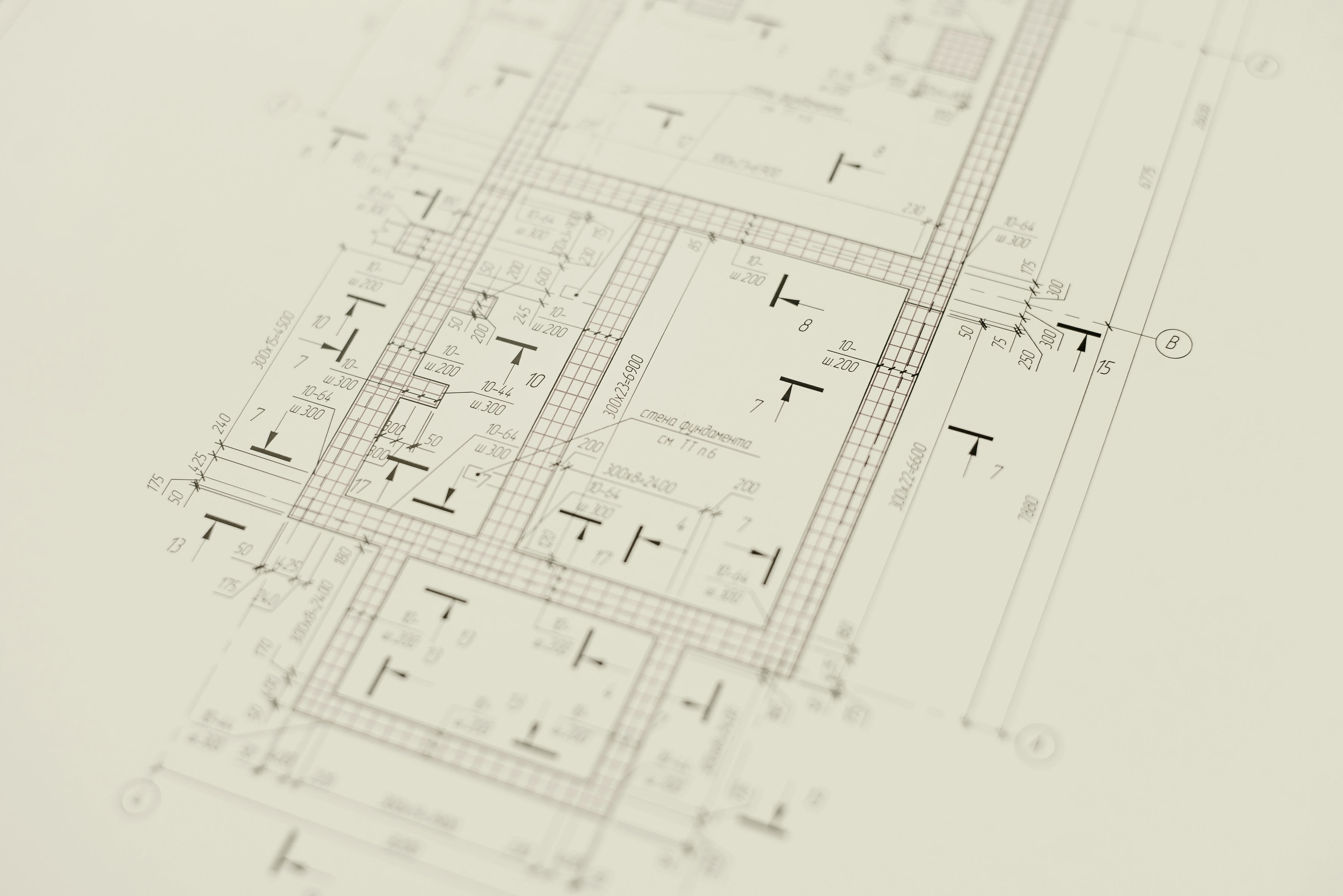A construction blueprint with overlaid dimension lines